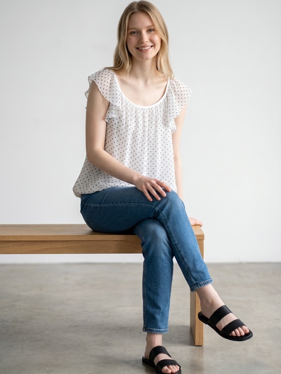 Tops - Luisa Ricci Silk Blouse in Ivory Polka Dot Flutter Sleeve & bubble hem. Size med